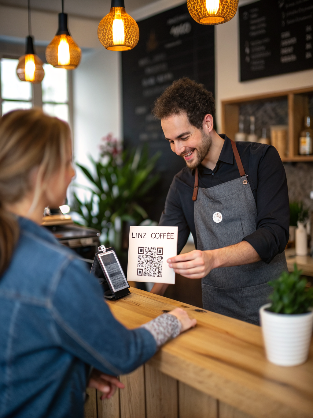 Barista handing QR code card